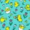 Easter background with chickens. Floral spring seamless pattern