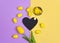 Easter background with a clean blackboard-heart, decorative eggs