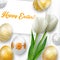 Easter background with colored eggs, white tulips and greeting card over white wood