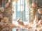 Easter background, creamy door and rabbits ideal for photo manipulation , easter wallpaper