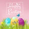 Easter background. Eggs on grass with spring flowers festive happy easter set