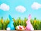 Easter background with eggs, rabbits and green grass