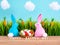 Easter background with eggs, rabbits and green grass