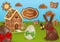 Easter background with gingerbreads, chocolate rabbit and eggs