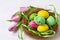 Easter background with green and yellow painted eggs in the nest and pink tulips.