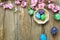 Easter background.Happy easter eggs pained on nest also