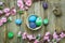Easter background.Happy easter eggs pained on nest also