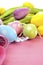 Easter background with painted Easter eggs, yellow and purple silk tulips