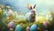 Easter background with rabbit, eggs, flowers on a meadow created with Generative AI