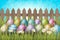 Easter background with realistic 3d colorful eggs, wooden fence, flowers and hiding bunny ears.