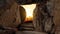 Easter background - Resurrection of Jesus Christ in Golgota / Golgotha jerusalem israel, empty tomb with bloody linen shroud,