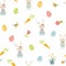 Easter background Seamless ester pattern with easter eggs, bunny rabbits birds flowers Spring design Vector