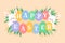 Easter background vector illustration, cute flat cartoon style. Baby rabbits with decorated eggs. Bunny holding ornated eggs with