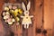 Easter background with vintage easter bunny decoration over old wood