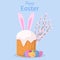 Easter bakery with bunny ears, pussy willow branch, eggs. Happy Easter cake greeting card. Flat vector illustration