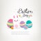 Easter banner background template with white bunny, spring flowers and colorful eggs. Vector illustration.