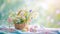 Easter banner with eggs and wicker basket with wildflowers. Pastel colors soft morning light