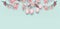 Easter banner with hanging pastel pink Easter eggs and spring blossom at light at blue turquoise background