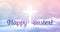 Easter banner with text \'Happy Easter\', shining cross and heaven with white clouds.