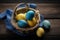 Easter basket with blue and yellow colour eggs composition. Generative ai
