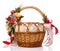 Easter basket. Brown wicker basket with colorful floral decor and colored ribbons on a white background. Beautiful