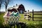 Easter Basket with Colorful Eggs on Green Grass Meadow with Barn and Fence Generated by AI