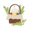 Easter basket with Easter cake and eggs doodle cartoon style hand drawn holiday concept. Spring twigs with blooming