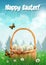 Easter basket with Easter eggs on a field, realistic Easter card