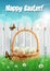 Easter basket with Easter eggs on a field with white picket fence