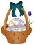 Easter basket with eggs. Decorated with a tulip flower. Color vector illustration. Holy Easter symbol. Wicker basket with a bow, f