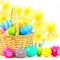 Easter basket with eggs and floral background