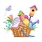 Easter basket with eggs, flowers and birdhouses. Vector illustration isolated on white background