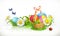 Easter, basket and eggs. Spring flowers vector banner