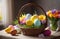 Easter basket filled with brightly dyed eggs and fresh spring flowers, capturing warm and festive atmosphere