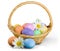 Easter basket filled with colorful eggs on a white
