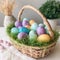 An Easter basket filled with fake grass and colored eggs - generative ai