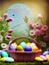 Easter basket with painted eggs and spring flowers. Wicker basket, colored