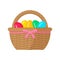 Easter basket with painted eggs tied with a pink bow.