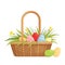 Easter basket with painted eggs, tulip and crocuses. Cartoon flat vector illustration.