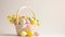 An Easter basket steals the spotlight, meticulously arranged against a clear