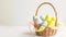 An Easter basket steals the spotlight, meticulously arranged against a clear