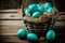 Easter basket with turquoise green blue eggs composition. Generative ai