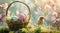 easter baskets with eggs on the grass, vibrant stage backdrops