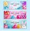 Easter Beautiful Banner. Multicolored Easter eggs with bunny and chamomiles