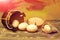 Easter beige wood eggs in wooden bucket near tree stump