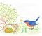 Easter bird with daffodils and easter eggs