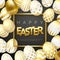 Easter black background with realistic golden decorated eggs, frame, text. Vector illustration greeting card, poster