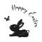 Easter black and white bunny silhouette. Happy Easter. Cute spring bunny with butterfly and text. Black and white Easter bunny.