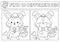 Easter black and white kawaii find differences game. Coloring page with cute bunny going on egg hunt with basket. Spring holiday