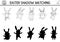 Easter black and white shadow matching activity for children with bunny family. Outline spring puzzle with cute animals. Holiday